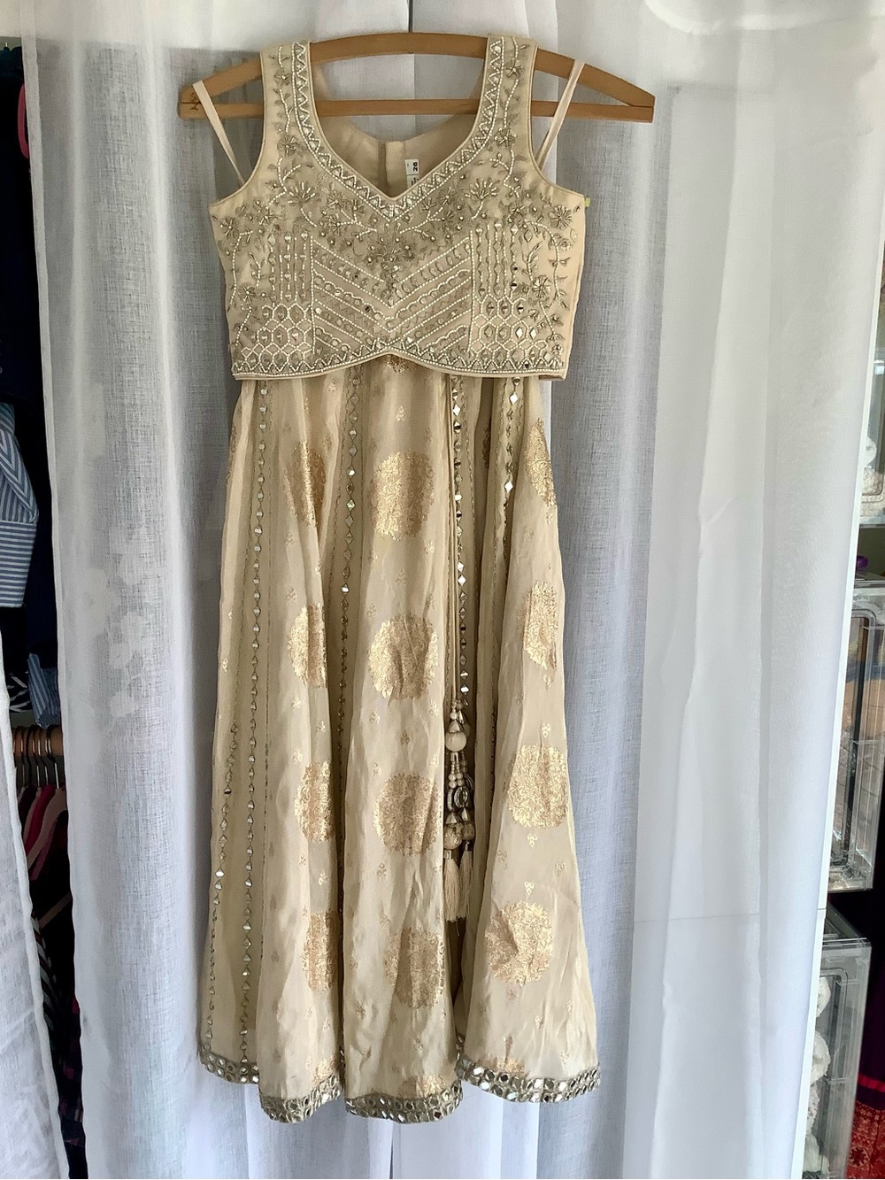 Embellished Ivory-Beige Indian Dress with Gold Accents